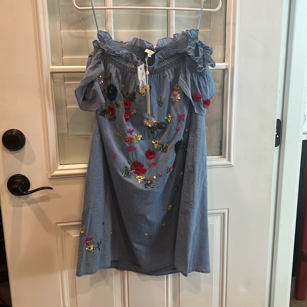 Joie! Off the shoulder denuim, plastic brocade size S